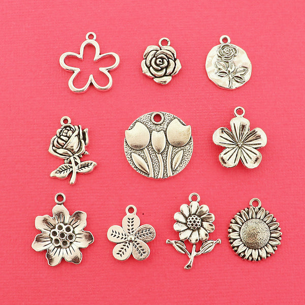 Spring Flower Charm Collection Antique Silver Tone 10 Different Charms - COL390H