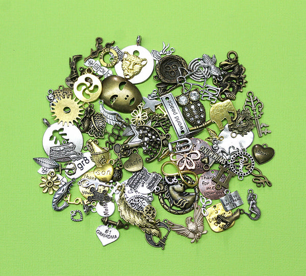 LIQUIDATION 100 Charms Assorted Antique Silver Bronze and Gold Tone Less Than Wholesale Cost Grab Bag 90% Off GRAB10