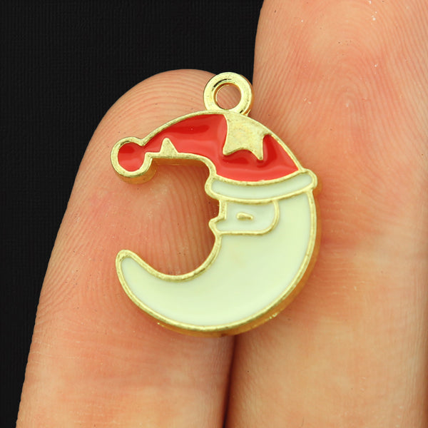 4 Father Christmas Sleeping Moon Gold Tone Enamel Charms - E144