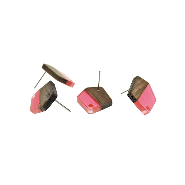 Wood Stainless Steel Earrings - Pink Resin Polygon Studs - 20.5mm x 18.5mm - 2 Pieces 1 Pair - ER715
