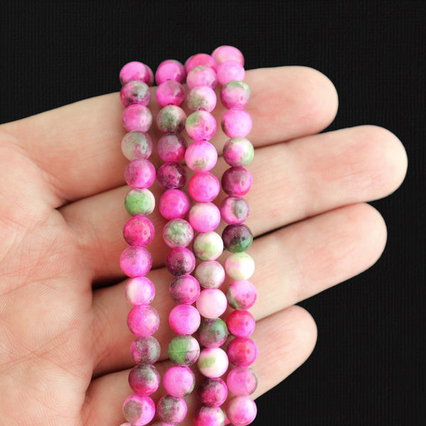 Round Natural Jade Beads 6mm - Mottled Pink, Green and White - 1 Strand 62 Beads - BD1698