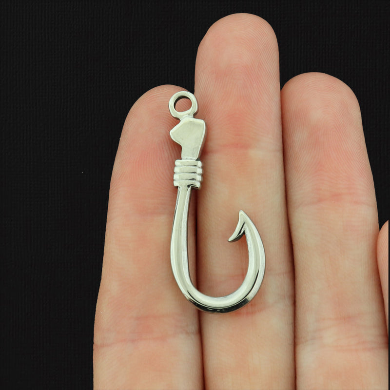 Fish Hook Silver Tone Stainless Steel Charm 2 Sided - SSP372