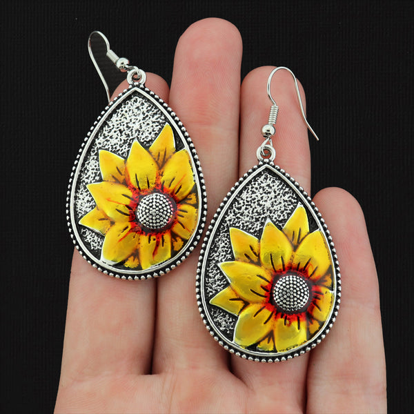 Sunflower Drop Earrings - French Style Hooks - 2 Pieces 1 Pair - ER135