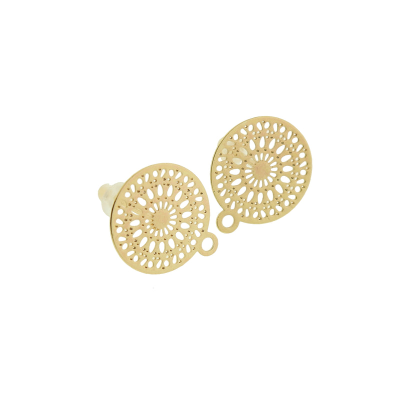 Gold Tone Earrings - Mandala Stud Bases - 14mm x 12mm - 2 Pieces 1 Pair - FD023