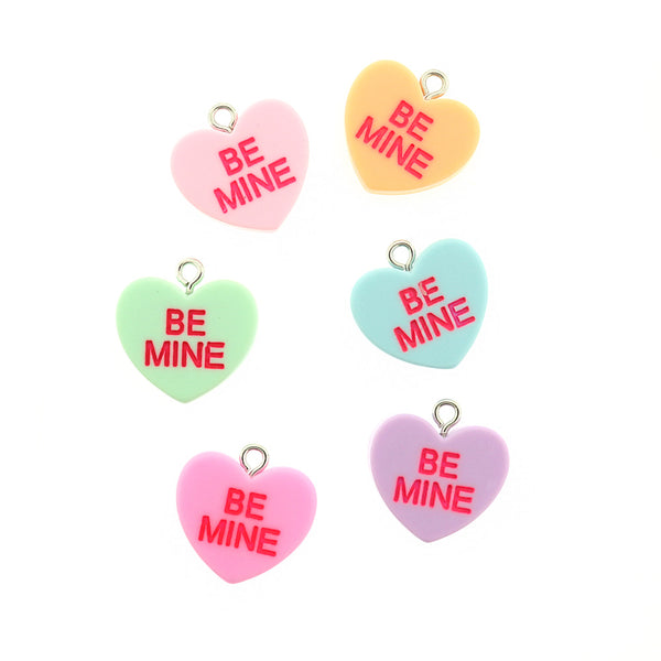 4 Assorted Color "Be Mine" Candy Heart Resin Charms - K347