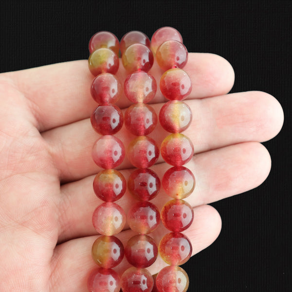 Perles rondes en jade naturel de Malaisie 10 mm - Rouge chiné et jaune - 1 brin 38 perles - BD1671