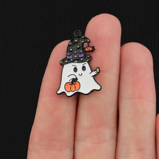 4 Ghost Witch with Pumpkin Black Tone Enamel Charms - E047