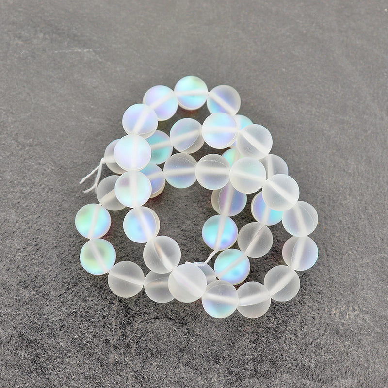 SALE Round Glass Beads 10mm - Frosted Electroplated Imitation Moonstone - 1 Strand 38 Beads - LBD339