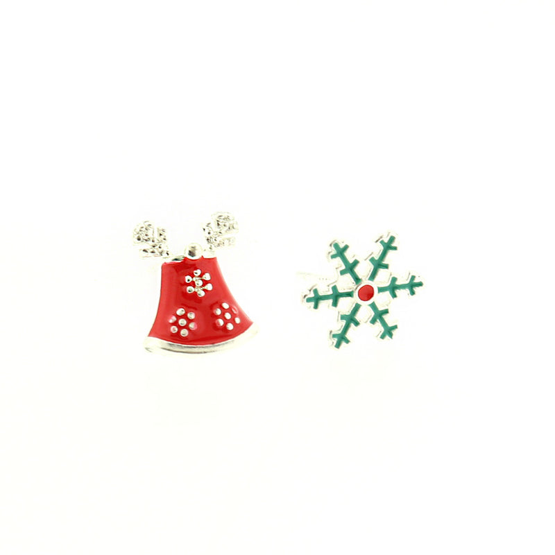 Christmas Brass Earrings - Snowflake and Bell Studs - 9mm - 2 Pieces 1 Pair - ER252