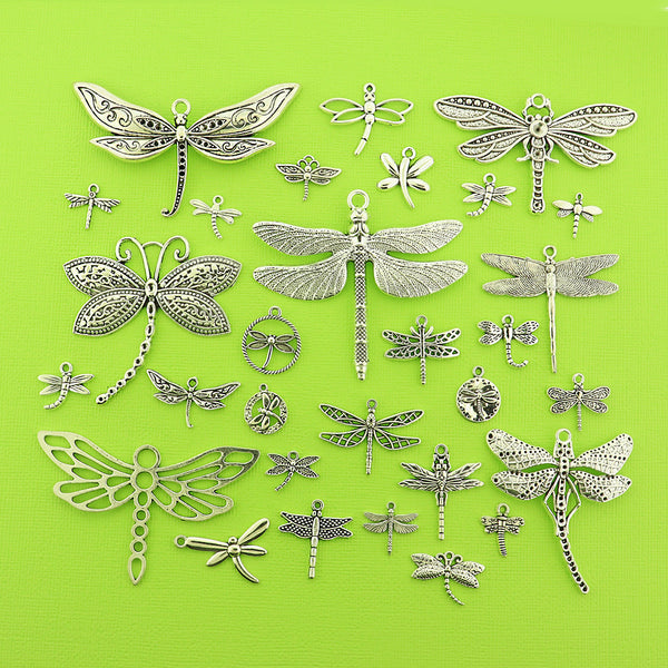 Deluxe Dragonfly Charm Collection Antique Silver Tone 30 Different Charms - COL401H