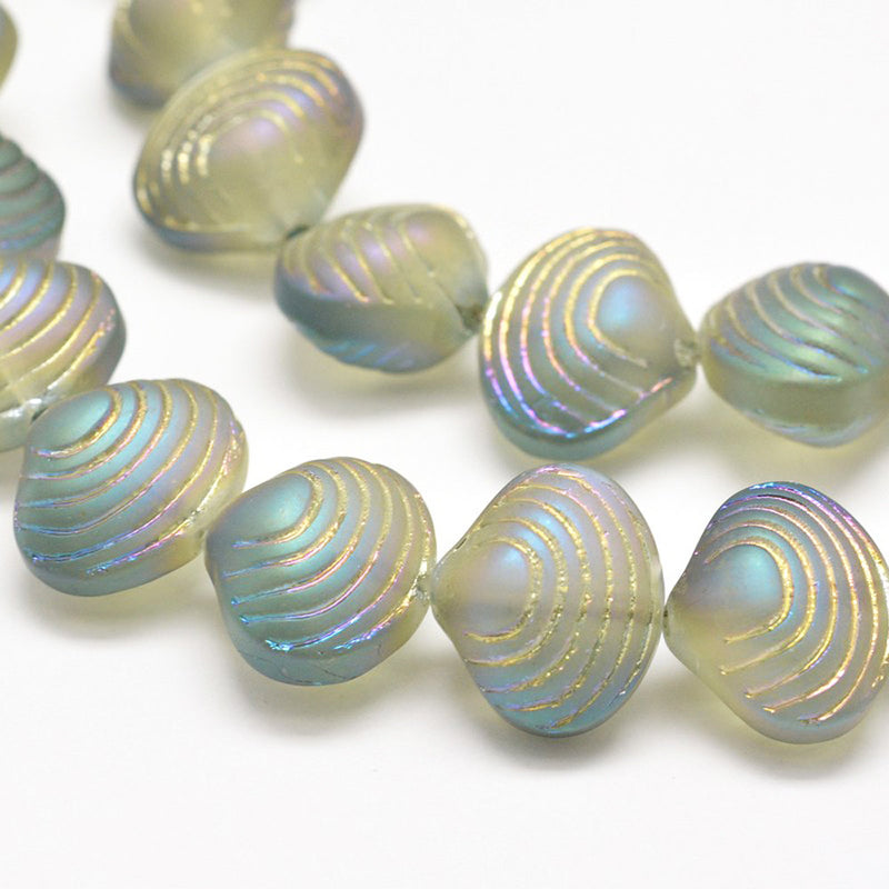 Seashell Glass Beads 2mm x 15mm x 10mm - Electroplated Blue - 10 Beads - BD1034