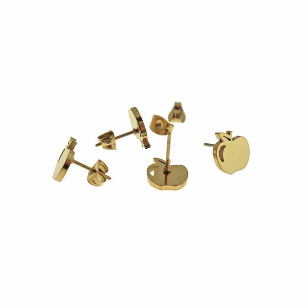 Gold Tone Stainless Steel Earrings - Apple Studs - 10mm x 9mm - 2 Pieces 1 Pair - ER888