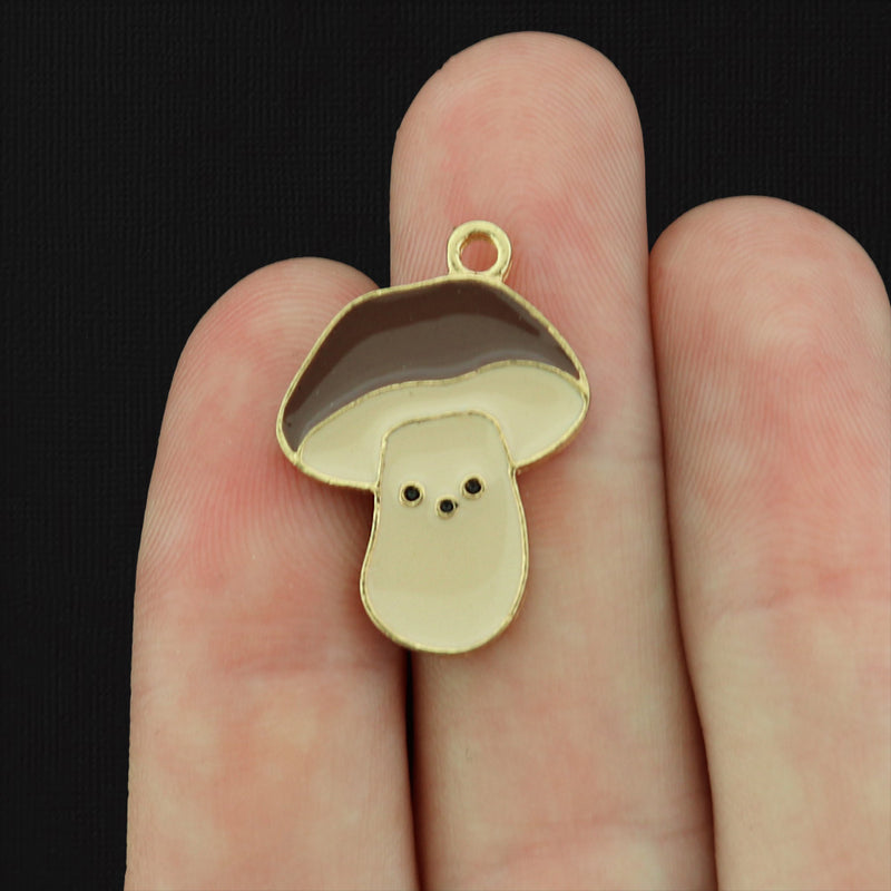 4 Brown Mushroom Gold Tone Enamel Charms - E224