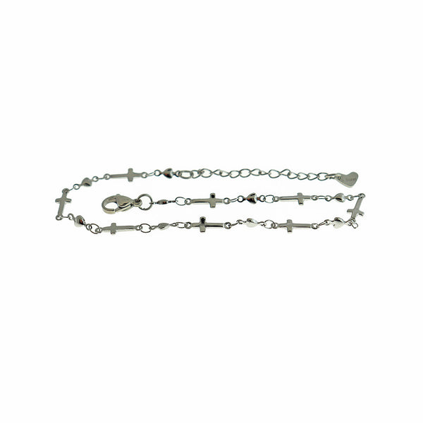 Stainless Steel Cross Heart Chain Bracelets 11" Plus Extender - 3mm - 5 Bracelets - N498
