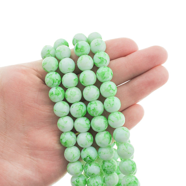 Round Glass Beads 10mm - Green Marble - 1 Strand 80 Beads - BD2704