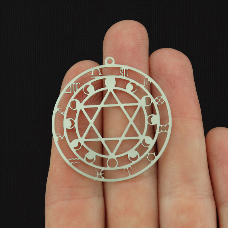 Zodiac Symbol Star of David Disc Stainless Steel Charm - SSP673