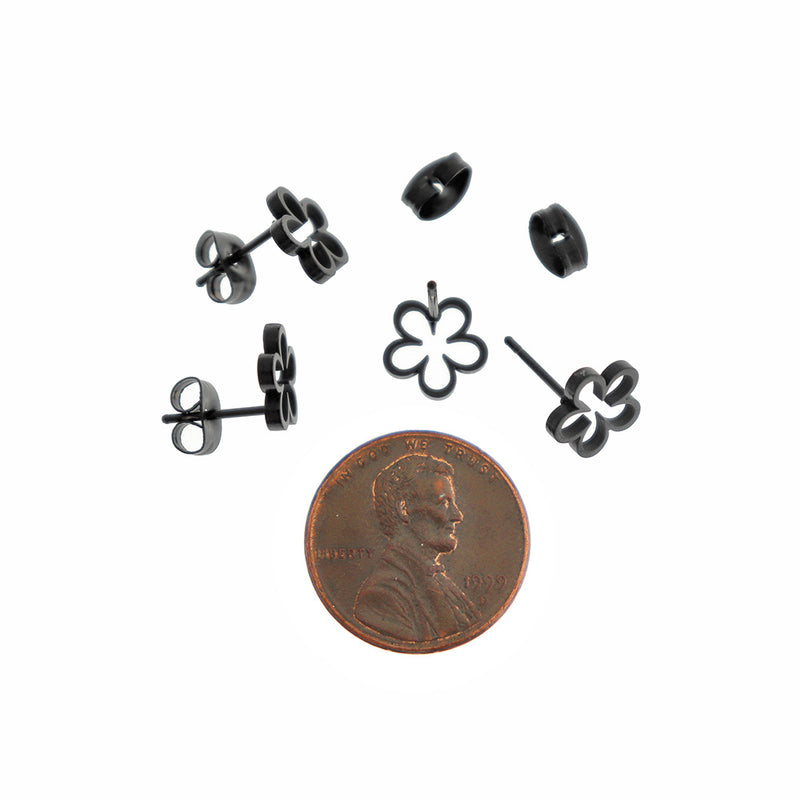 Black Tone Stainless Steel Earrings - Flower Studs - 8mm - 2 Pieces 1 Pair - ER835
