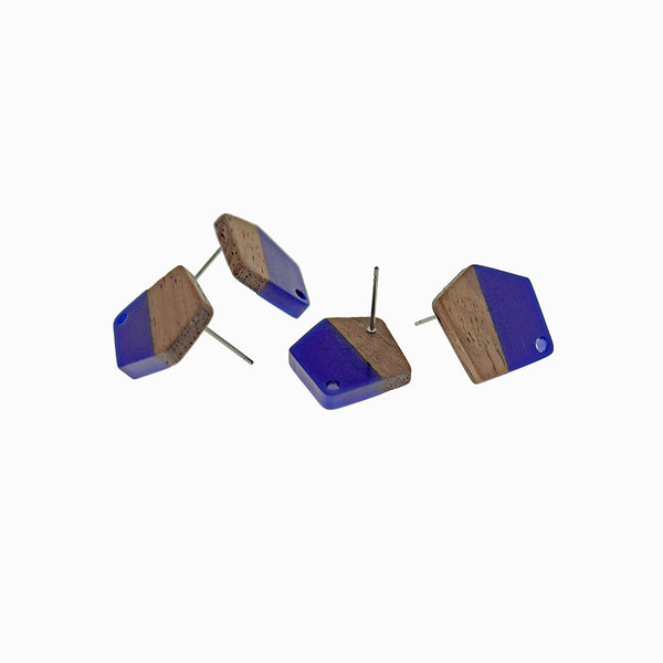 Wood Stainless Steel Earrings - Blue Resin Polygon Studs - 20.5mm x 18.5mm - 2 Pieces 1 Pair - ER720