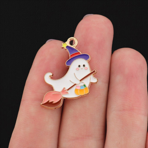 4 Witch Ghost with Broom and Pumpkin Candy Basket Gold Tone Enamel Charms - E037