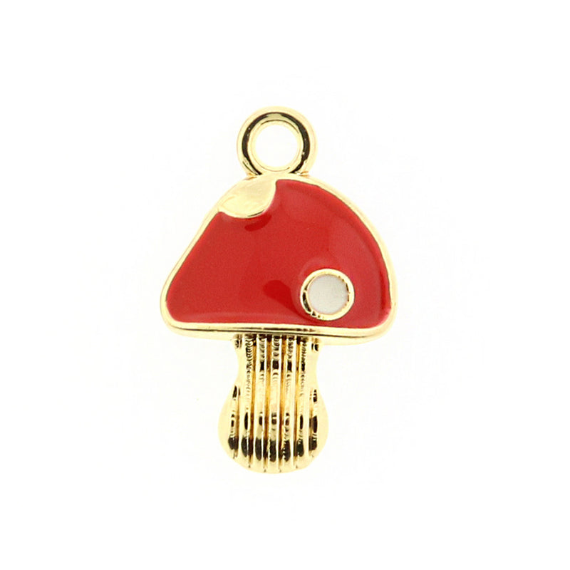 4 Mushroom Gold Tone Enamel Charms - E093