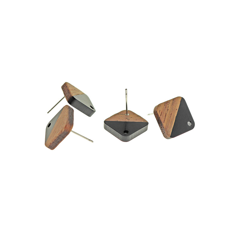 Wood Stainless Steel Earrings - Resin Rhombus Studs - 1 Pair - Choose Your Color!