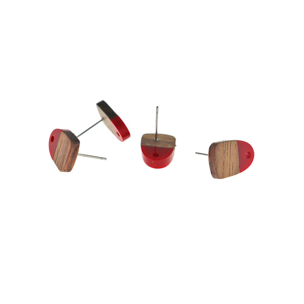 Wood Stainless Steel Earrings - Red Resin Half Oval Studs - 15mm x 11mm - 2 Pieces 1 Pair - ER650