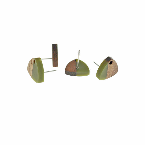Wood Stainless Steel Earrings - Army Green Resin Triangle Studs - 14mm x 13mm - 2 Pieces 1 Pair - ER667