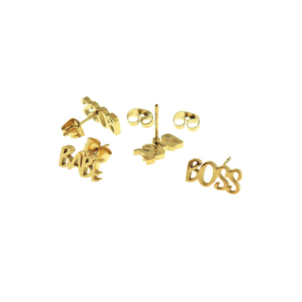 Gold Tone Stainless Steel Earrings - "Boss Babe" Studs - 12mm - 2 Pieces 1 Pair - ER927