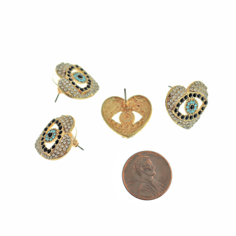 Heart Silver Tone Stud Earrings - Evil Eye with Inset Rhinestones - 2 Pieces 1 Pair - ER968