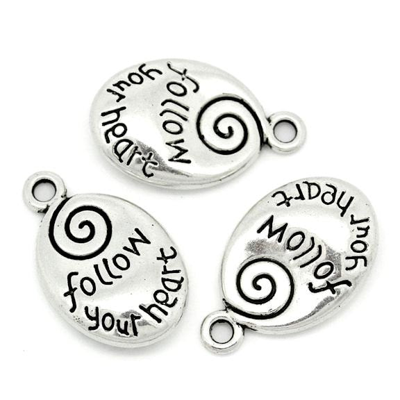 8 Follow Your Heart Antique Silver Tone Charms 2 faces - SC3127