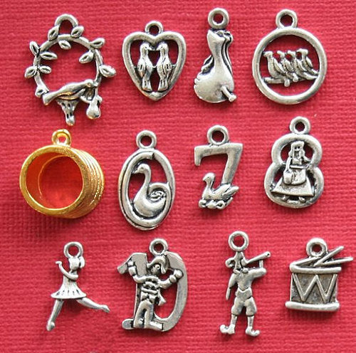12 Days of Christmas Antique Silver Tone Charm Collection 12 Different Charms - COL239H