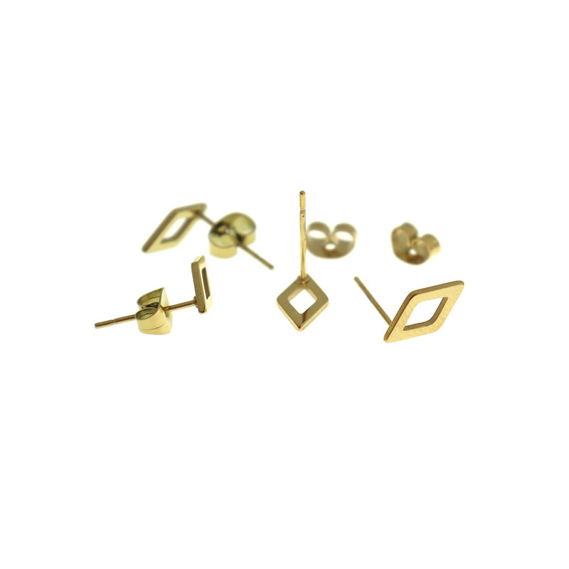 Gold Tone Stainless Steel Earrings - Rhombus Studs - 9mm x 5mm - 2 Pieces 1 Pair - ER984