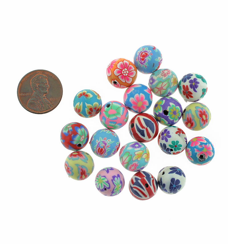 SALE Round Polymer Clay Beads 12mm - Assorted Spring Florals - 20 Beads - LBD660