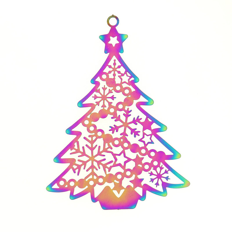 2 Christmas Tree Rainbow Electroplated Stainless Steel Charms 2 Sided - SSP067