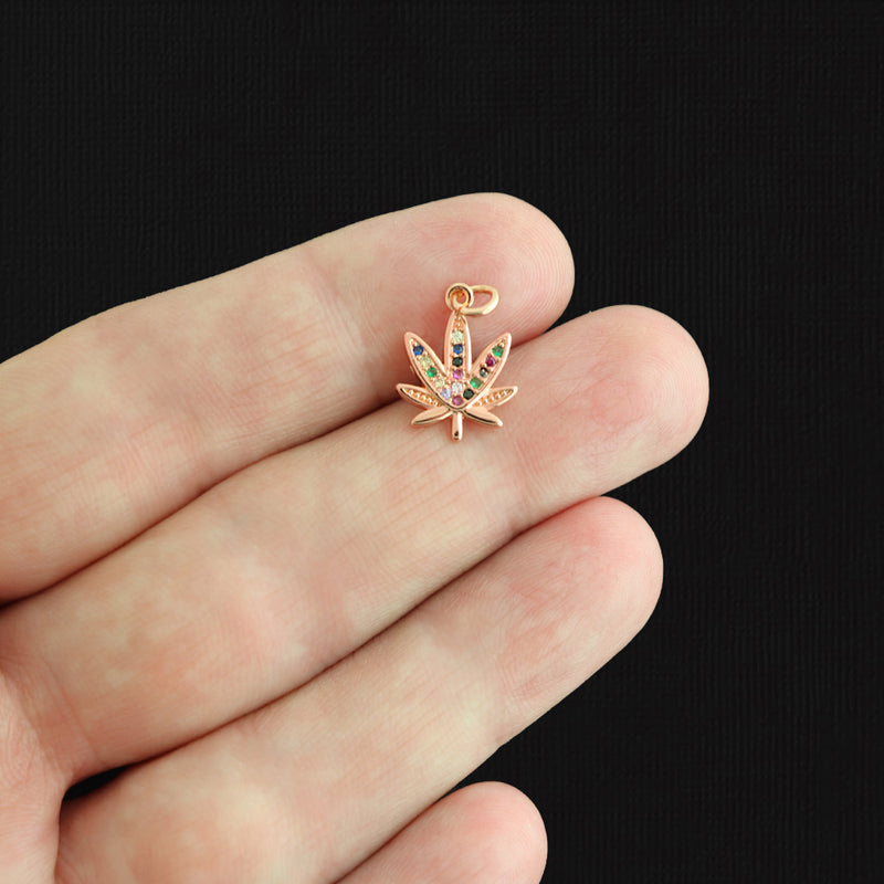 Marijuana Leaf Rose Gold Brass Charm with Inset Rhinestones - BR156