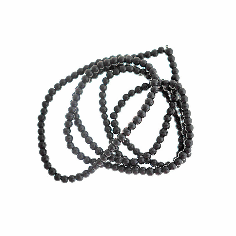 Round Glass Beads 4mm - Polished Black - 1 Strand 206 Beads - BD2807