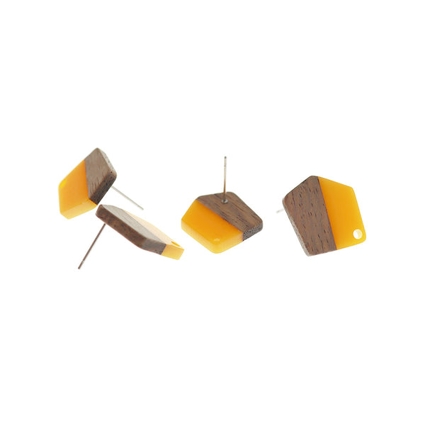Wood Stainless Steel Earrings - Yellow Resin Polygon Studs - 20.5mm x 18.5mm - 2 Pieces 1 Pair - ER719