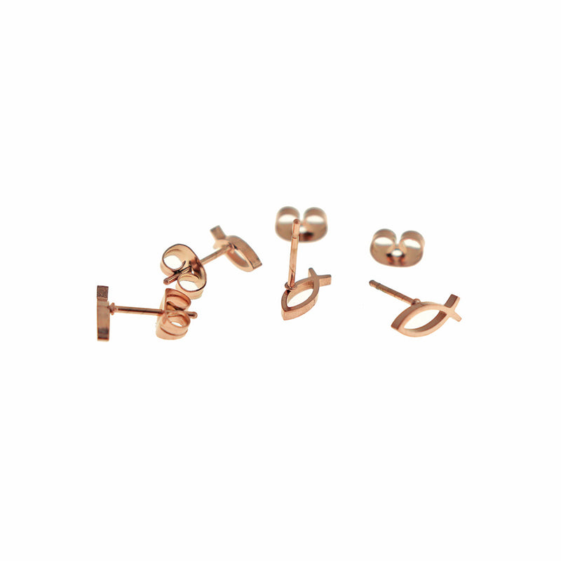 Rose Gold Tone Stainless Steel Earrings - Religious Fish Studs - 9mm - 2 Pieces 1 Pair - ER920