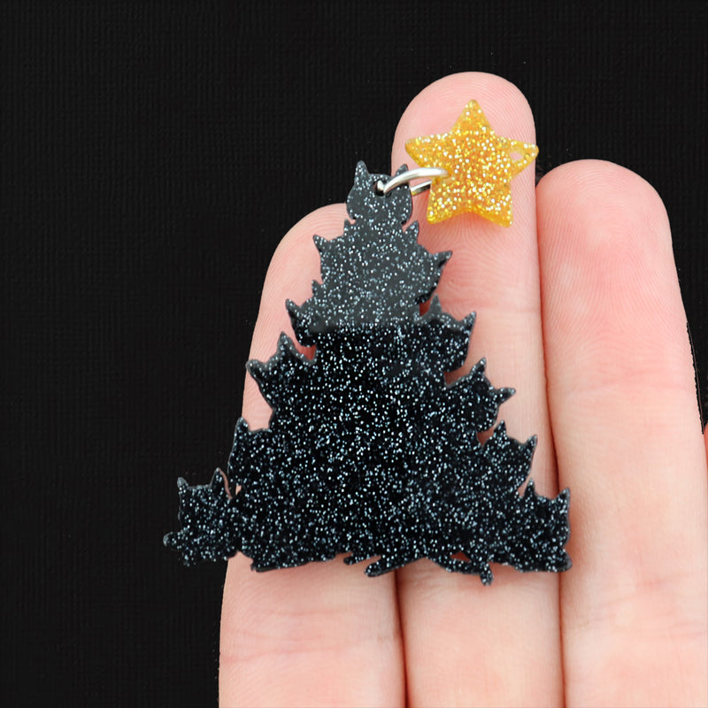 2 Christmas Tree Black Cats Acrylic Charms - K287