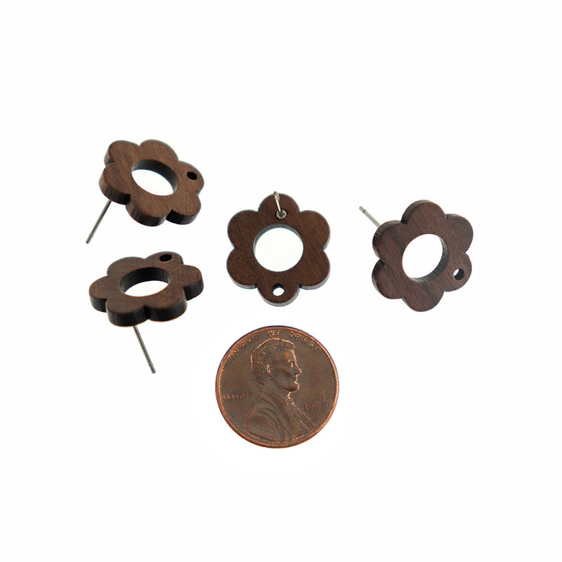 Wood Zinc Alloy Earrings - Flower Outline Studs - 17mm x 16mm - 2 Pieces 1 Pair - ER634