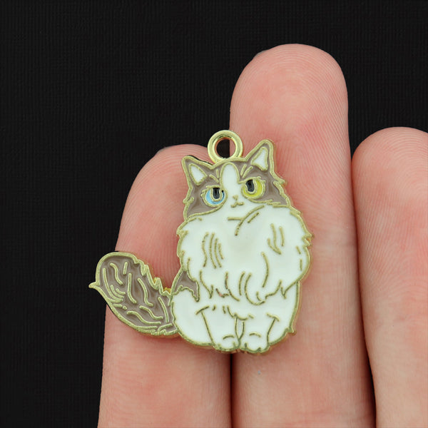 2 Brown and White Cat Gold Tone Enamel Charms - E156