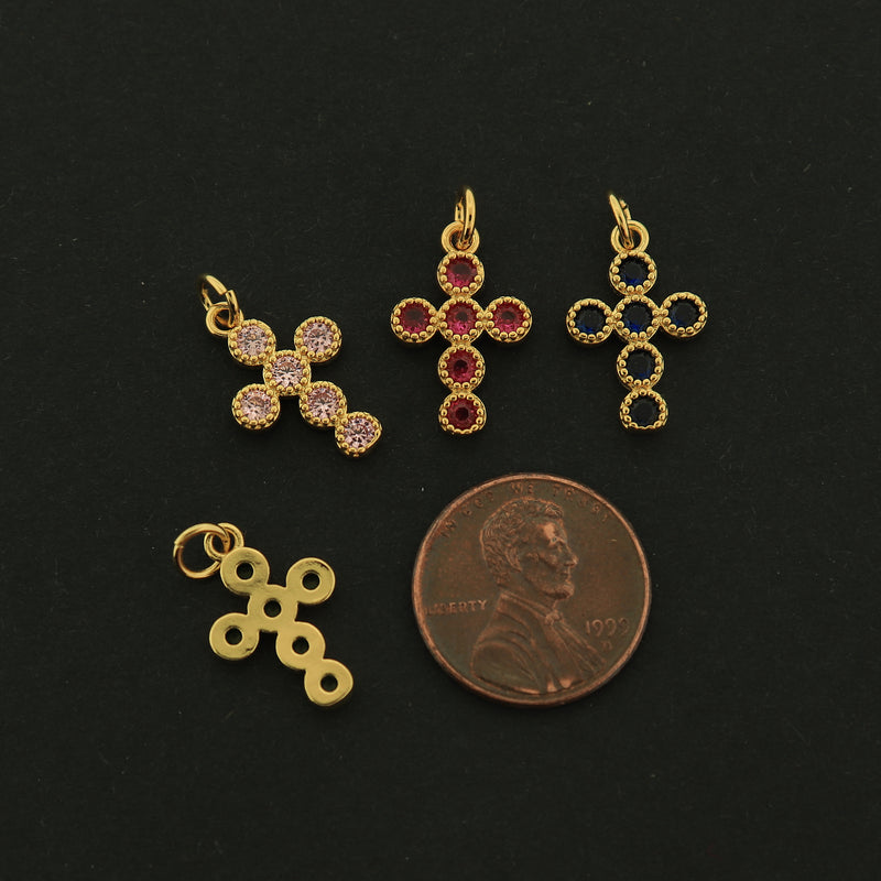18k Gold Cross Charm - Religious Pendant - Choose Your Stone Color