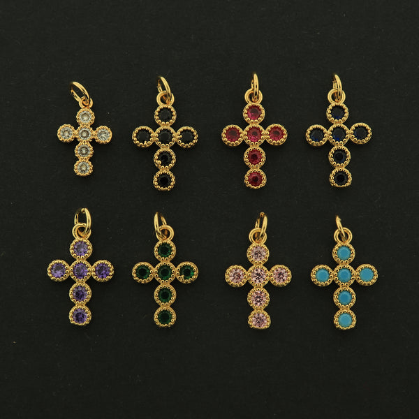 18k Gold Cross Charm - Religious Pendant - Choose Your Stone Color