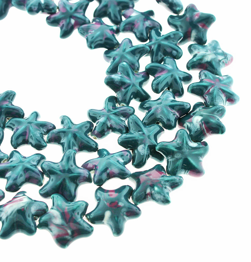 SALE Starfish Ceramic Beads 20mm x 22mm - Marbled Dark Green - 10 Beads - LBD1579