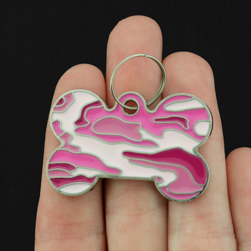 Pink Camouflage Dog Bone Silver Tone Enamel Charm - E319