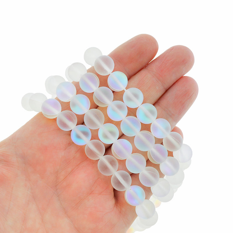 SALE Round Glass Beads 10mm - Frosted Electroplated Imitation Moonstone - 1 Strand 38 Beads - LBD339