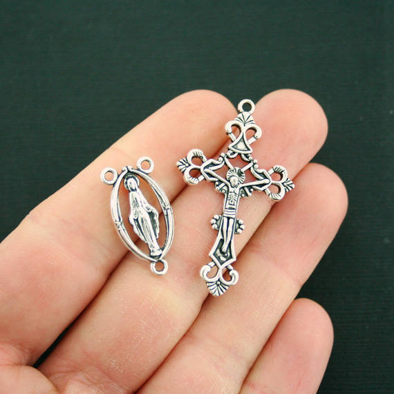 Rosary Antique Silver Tone Charms - Crucifix Cross and Virgin Mary Center - 2 Sets 4 Pieces - SC3187