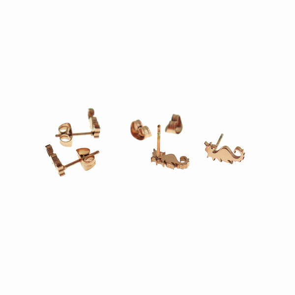 Rose Gold Tone Stainless Steel Earrings - Seahorse Studs - 10mm x 5mm - 2 Pieces 1 Pair - ER925