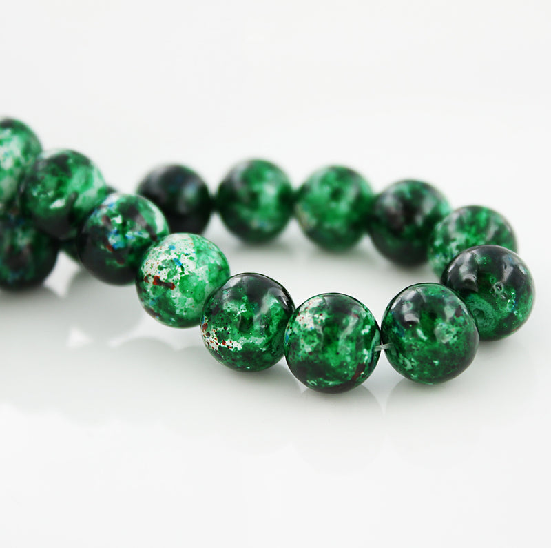 SALE Round Glass Beads 10mm - Mottled Deep Green - 15 Beads - LBD132