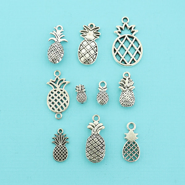 Pineapple Charm Collection Antique Silver Tone 10 Different Charms - COL405H